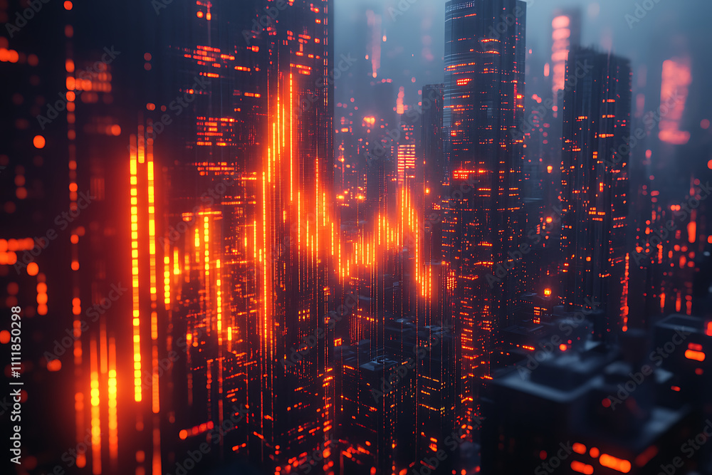 Abstract forex candlestick chart glowing over a blurred cityscape at night, symbolizing big data, trade, and investment in a futuristic financial setting Abstract forex candlestick chart glowing over a blurred cityscape at night, symbolizing big data, trade, and investment in a futuristic financial setting