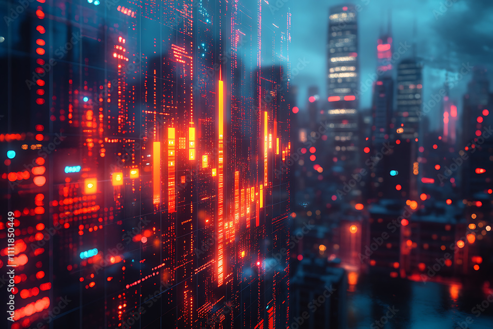 Abstract forex candlestick chart glowing over a blurred cityscape at night, symbolizing big data, trade, and investment in a futuristic financial setting Abstract forex candlestick chart glowing over a blurred cityscape at night, symbolizing big data, trade, and investment in a futuristic financial setting