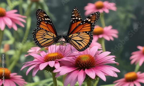 Monarch butterfly sipping nectar from a bright pink coneflower in full bloom, petals, nectar