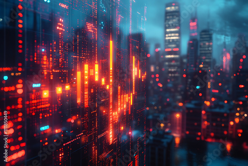Abstract forex candlestick chart glowing over a blurred cityscape at night  symbolizing big data  trade  and investment in a futuristic financial setting