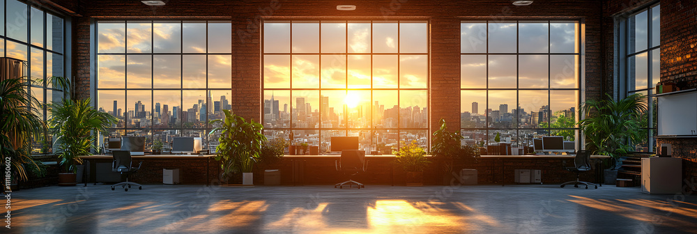 Fototapeta premium Sunset Cityscape View from Modern Office, Spacious Workspace with Panoramic Windows, City Skyline at Golden Hour, Plants Adding to the Warm Ambiance