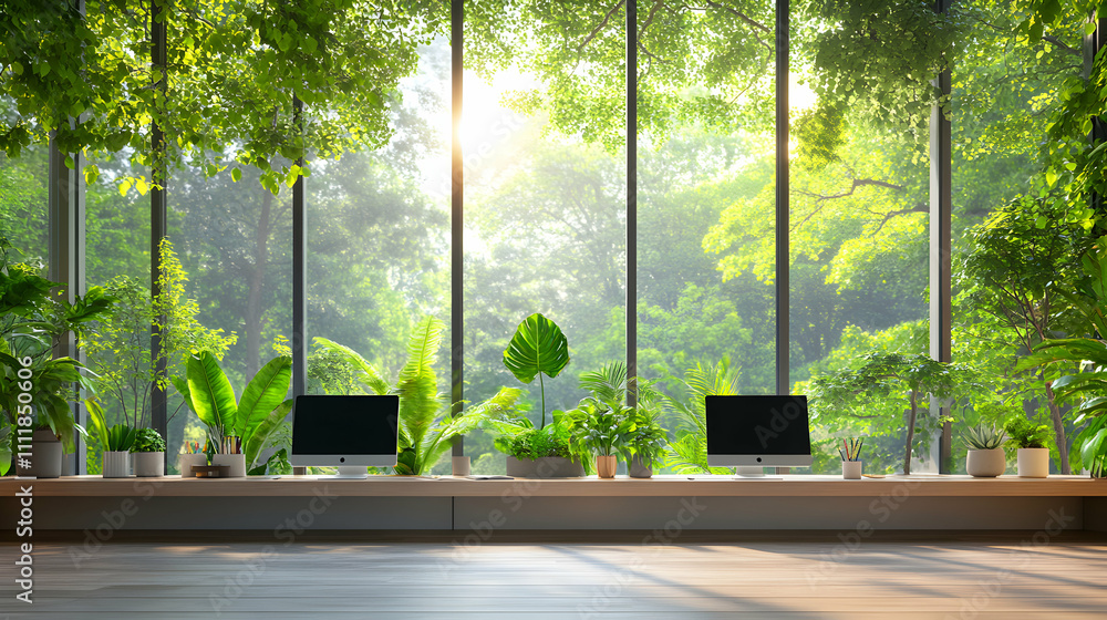Naklejka premium Serene Workspace, Two Computers on a Shelf, Lush Greenery, and Sunlit Forest View