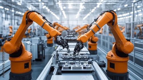 Assembly line with robotic arms assembling parts, bright lighting, modern factory setting