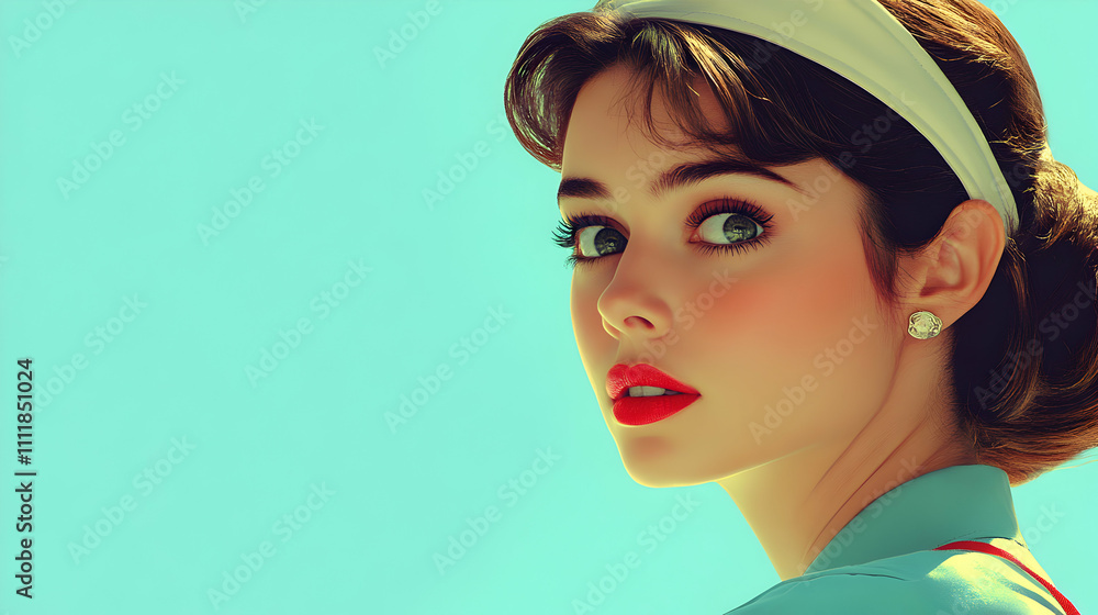 Retro Woman, Elegant Portrait with Headband, Teal Background, Vivid Red Lips Retro Woman, Elegant Portrait with Headband, Teal Background, Vivid Red Lips