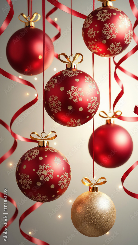 Elegant Christmas Baubles: Red and Gold Ornaments with Snowflake Patterns for Holiday Marketing and Festive Designs Elegant Christmas Baubles: Red and Gold Ornaments with Snowflake Patterns for Holiday Marketing and Festive Designs