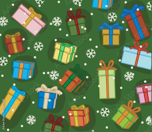 christmas seamless motive presents wraping paper pattern snowflake realistic vector presents with snowflakes gifts  on green background