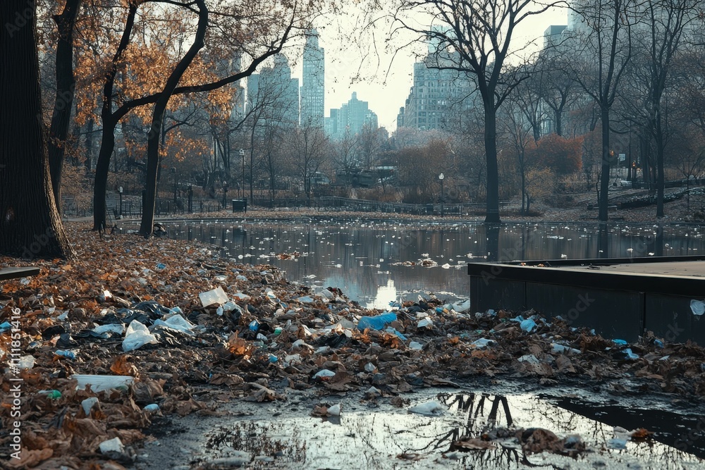 Obraz premium Urban park, autumn leaves, polluted pond, litter.