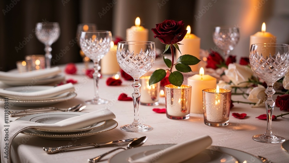 An elegant wedding table setting with a centerpiece of fresh flowers and a gold-rimmed dinner plate An elegant wedding table setting with a centerpiece of fresh flowers and a gold-rimmed dinner plate