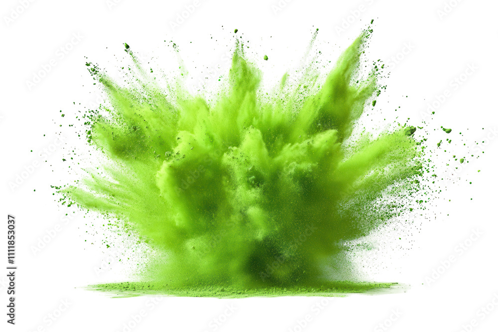 A vibrant green powder explosion on a white background. PNG transparent. A vibrant green powder explosion on a white background. PNG transparent.