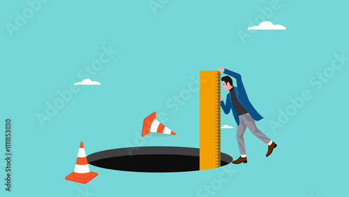 risk estimation, estimate business risk, businessman using a ruler measures the depth of a hole on the road