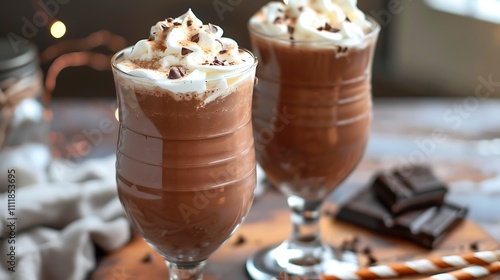 A warm chocolate smoothie with a fluffy cream covering that is rich and delectable and is served in a tall glass photo