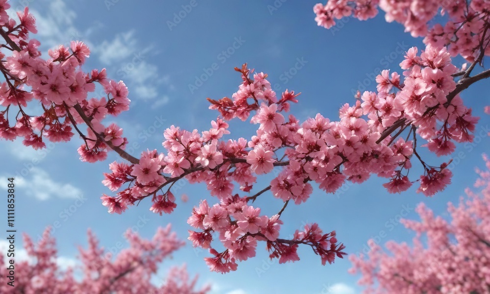 A stunning red tree branch showcasing an abundance of delicate pink blossoms against a blue sky, landscape, flowers A stunning red tree branch showcasing an abundance of delicate pink blossoms against a blue sky, landscape, flowers