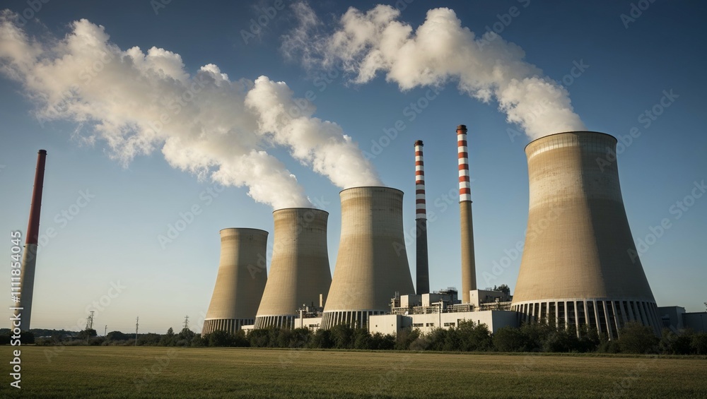 A towering nuclear power plant belches steam into the sky, a stark contrast to the clean energy it generates A towering nuclear power plant belches steam into the sky, a stark contrast to the clean energy it generates