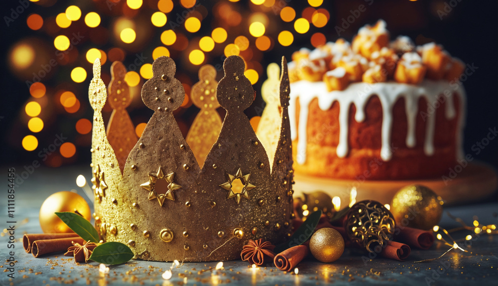 Φωτογραφία Golden festive crown beside a traditional holiday cake, surrounded by sparkling