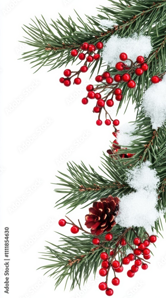 Minimalist christmas border with pine snow and red berries Minimalist christmas border with pine snow and red berries