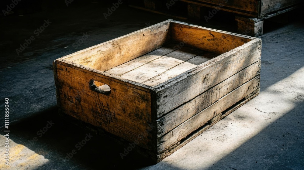 A rustic wooden crate sits in a dimly lit industrial space. A rustic wooden crate sits in a dimly lit industrial space.