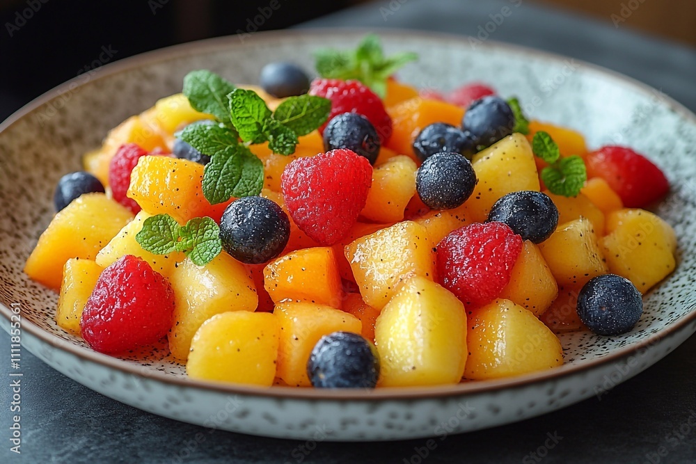A plate with a bright fruit salad on the table in the kitchen.
A plate with a bright fruit salad on the table in the kitchen.