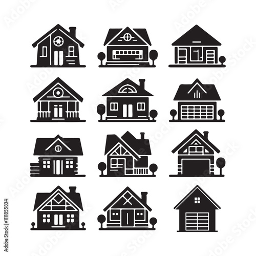 Symbols or icons of houses, buildings isolated on black. Silhouette 