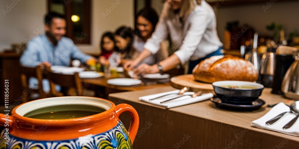 Fototapeta premium Close-up of a colorful, hand-painted ceramic pot on a dining table, with a blurred background of a family preparing a meal together. The pot is the focal point, highlighting traditional craftsmanship.