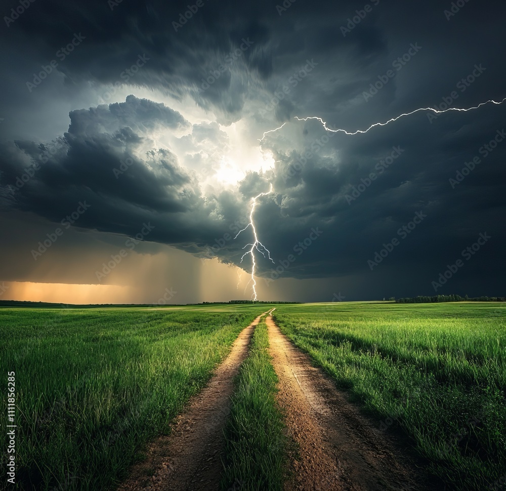 A striking photograph of a tornado in a stormy landscape showcases a turbulent sky and green grass on either side of its path stretching into the distance. A striking photograph of a tornado in a stormy landscape showcases a turbulent sky and green grass on either side of its path stretching into the distance.