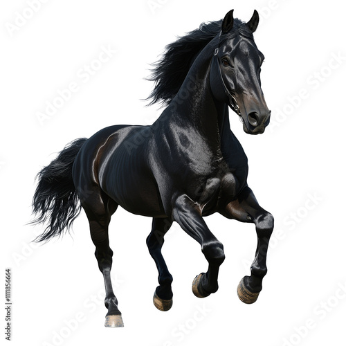 Majestic black horse running freely against a white background capturing grace and power