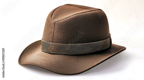 A brown hiking hat with a wide brim and adjustable chin strap, featuring breathable mesh panels and a moisture wicking sweatband for added comfort during outdoor activities photo