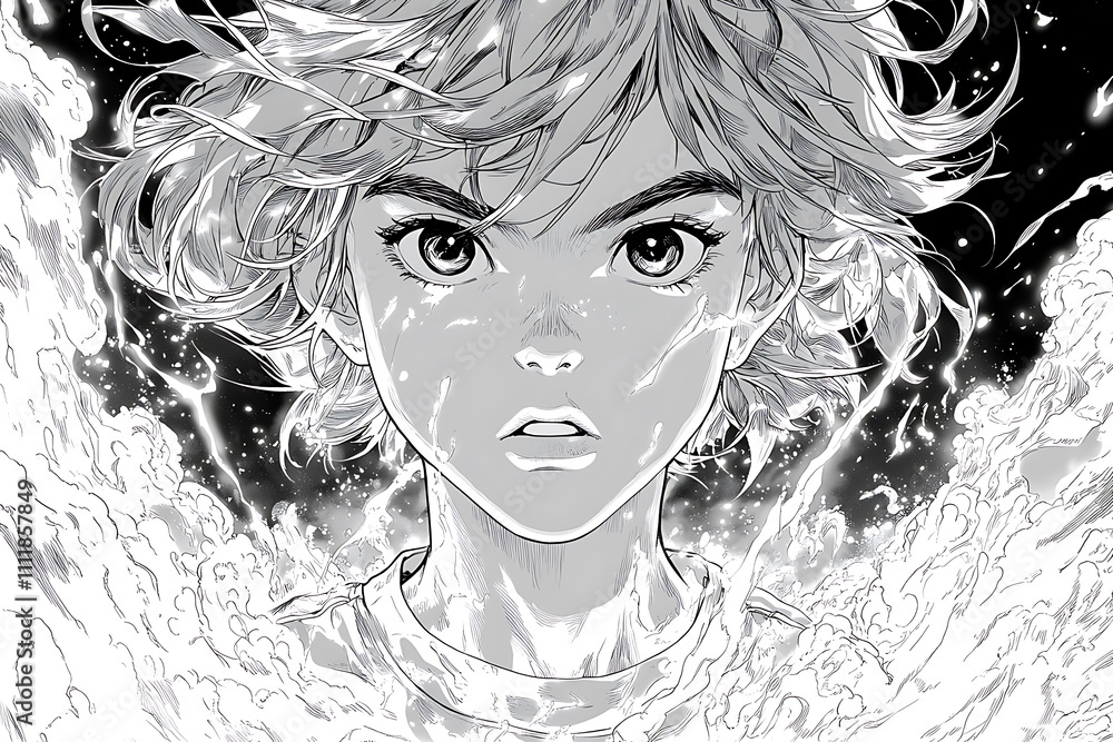 Fototapeta premium Anime boy coloring page illustration showcasing a shonen-style character with expressive features, spiky hair, and dynamic action-themed details