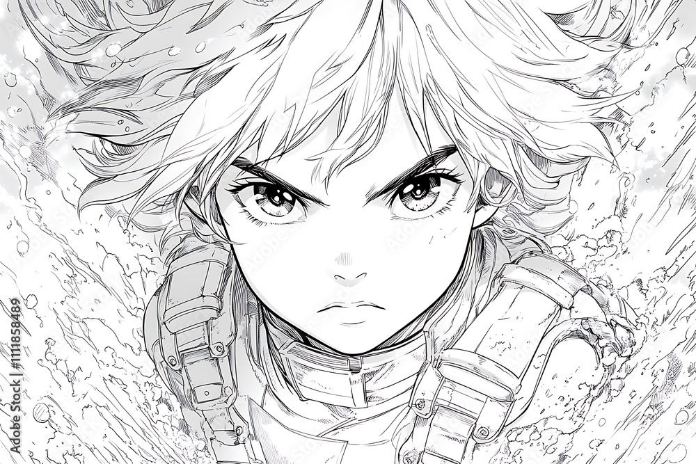 Anime boy coloring page illustration showcasing a shonen-style character with expressive features, spiky hair, and dynamic action-themed details Anime boy coloring page illustration showcasing a shonen-style character with expressive features, spiky hair, and dynamic action-themed details