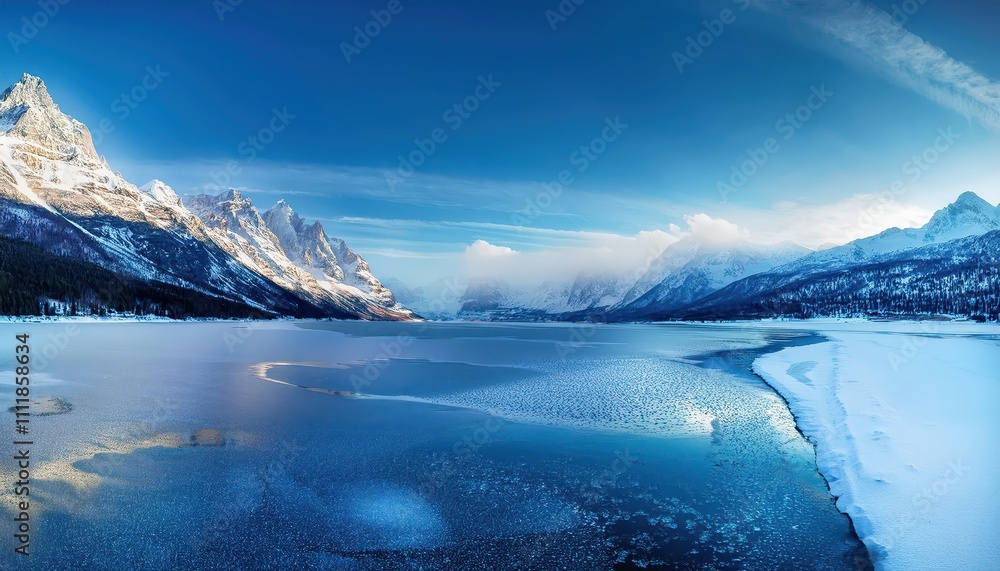 Obraz premium Winter's breath freezes the lake, transforming water into a mirror of silver and white, capturing eternal silence.