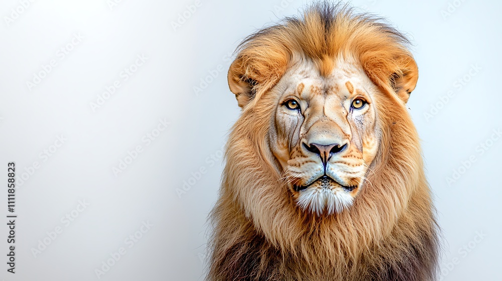 The 8 year old lion has a beautiful golden mane that frames his regal face as he sits proudly in front of a crisp white background, exuding a sense of wisdom and strength. The 8 year old lion has a beautiful golden mane that frames his regal face as he sits proudly in front of a crisp white background, exuding a sense of wisdom and strength.