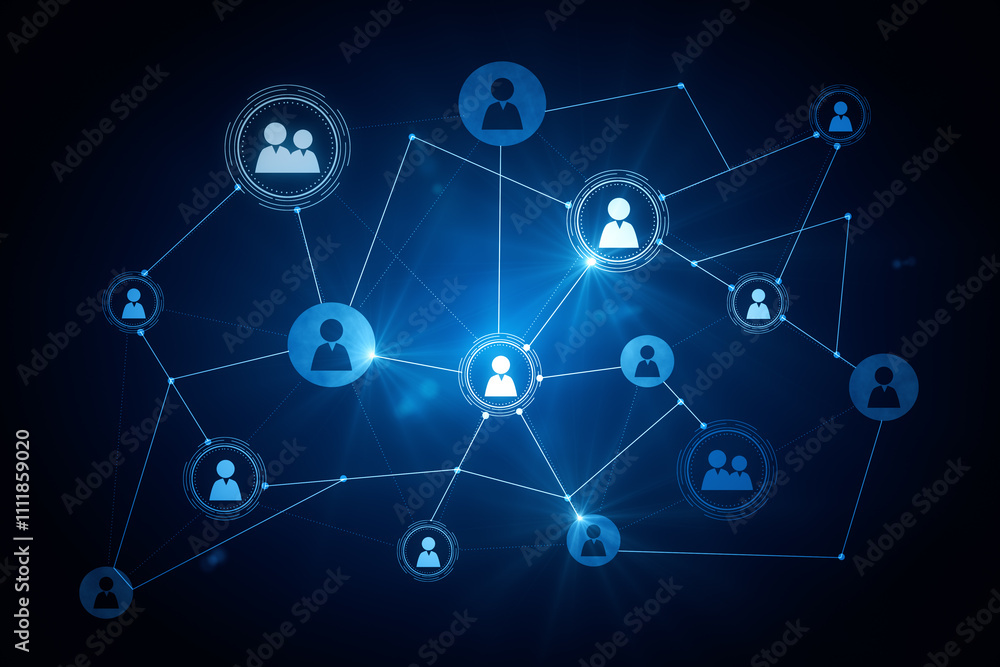 Social network technologies concept with digital graphic user symbols connected by lines on abstract dark blue background. 3D rendering Social network technologies concept with digital graphic user symbols connected by lines on abstract dark blue background. 3D rendering