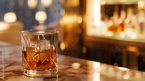 A whiskey tumbler resting on the cabaret countertop