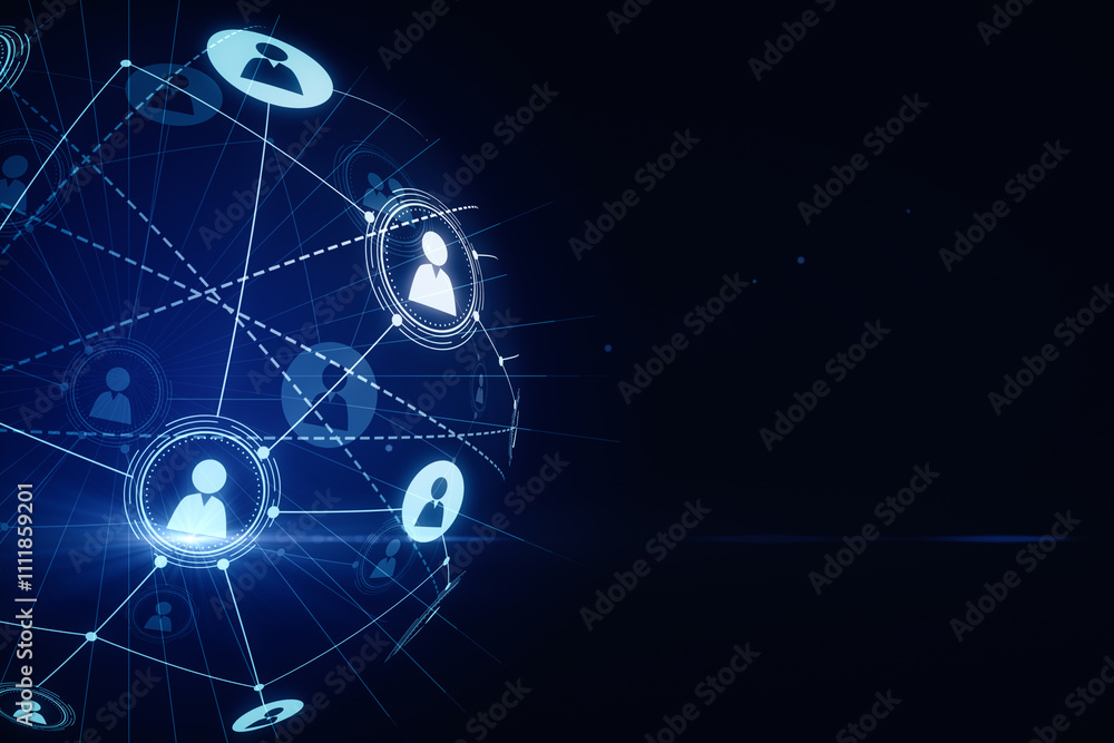Global communication and social network concept with digital user icons connected by lines in form of globe on blank dark empty background with space for your logo or text. 3D rendering, mockup Global communication and social network concept with digital user icons connected by lines in form of globe on blank dark empty background with space for your logo or text. 3D rendering, mockup