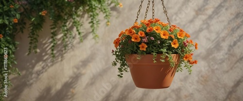 Hanging terracotta pot with calibrachoa flowers , flowering plants, planters on wood photo