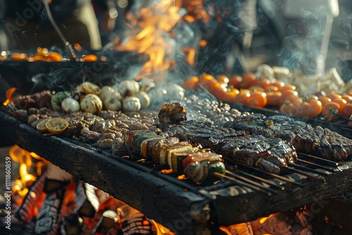 Traditional Argentine barbecue with meat and vegetables cooked over an open flame