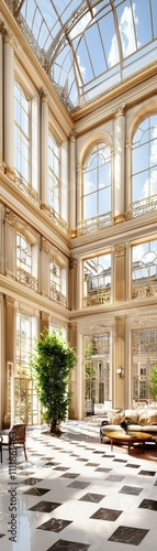 Luxurious Glass-Roofed Atrium with Checkered Floor and Greenery