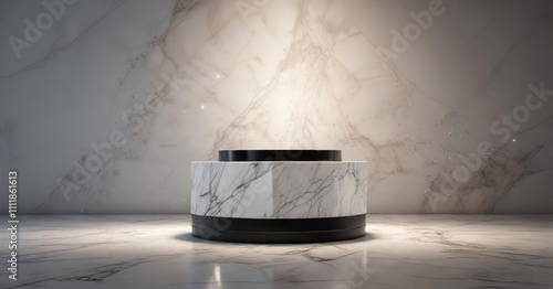 Simple white marble base with a pedestal made of black glass and LED lights in the shape of stars, , starry, blackglass photo