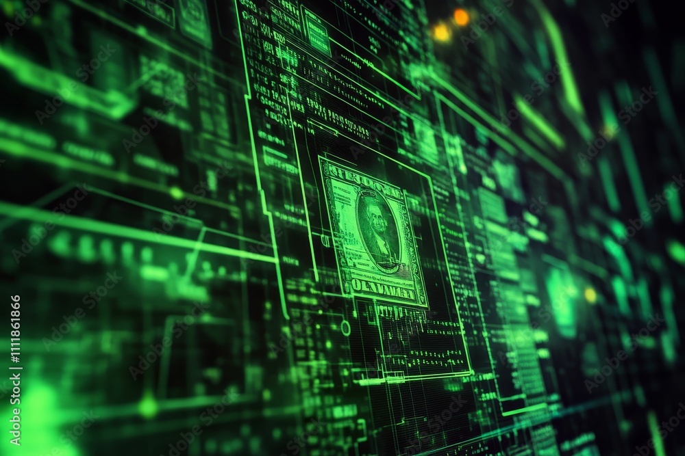 Digital currency transaction; glowing green screen. Digital currency transaction; glowing green screen.