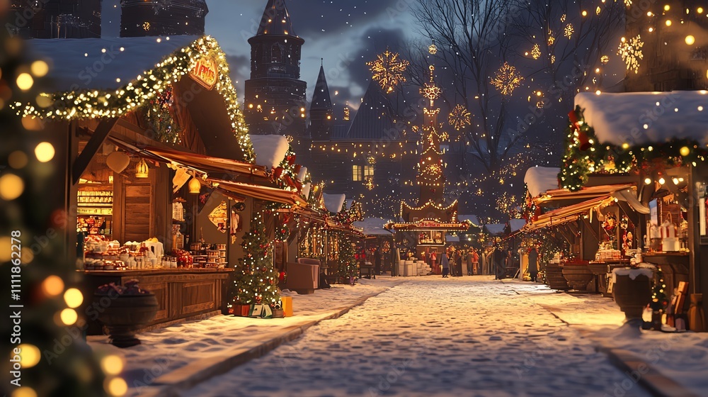 Obraz premium A festive market scene illuminated by holiday lights and decorations.