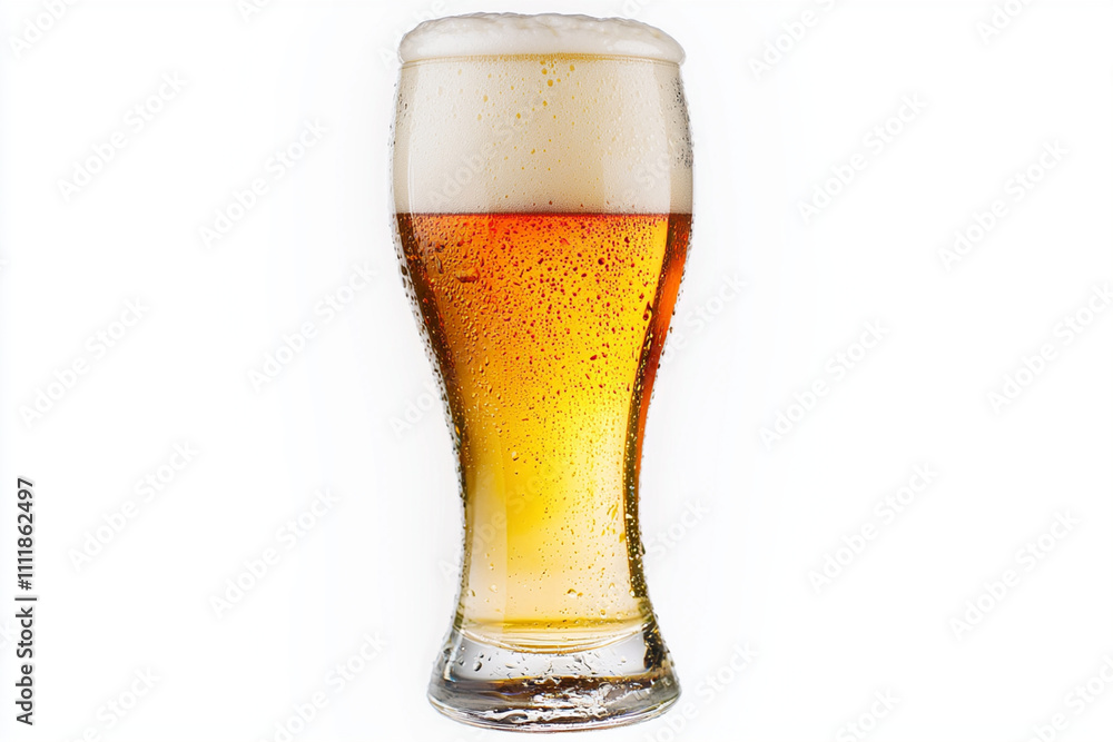 Beer served in a chilled glass with frothy head and bubbles Beer served in a chilled glass with frothy head and bubbles