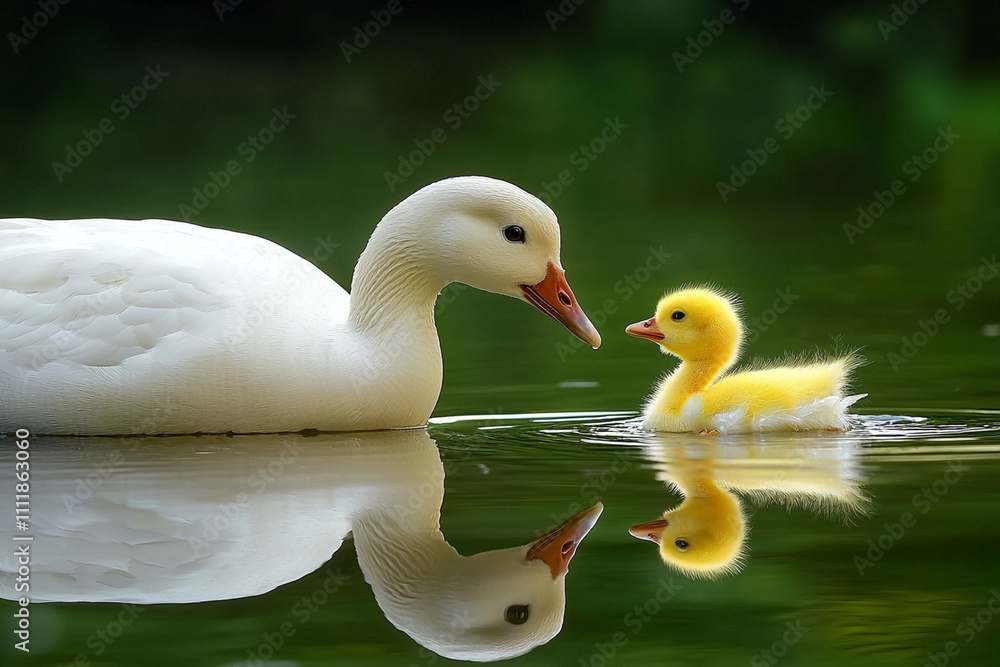 Mother duck with her cute duckling swimming in serene water Mother duck with her cute duckling swimming in serene water