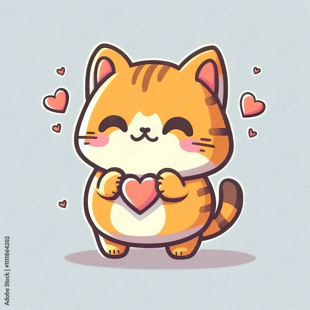 Cute kawaii emote icon featuring a cat holding a heart, adorable digital artwork with pastel colors, ideal for mobile game design and stickers