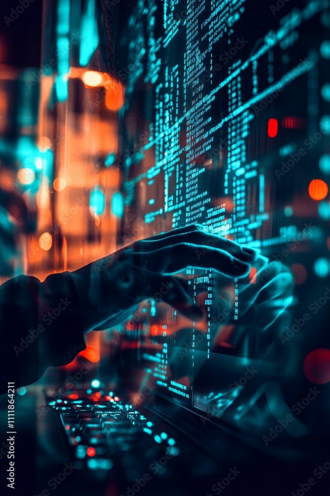 Hands code glowing screen, nighttime setting. Hands code glowing screen, nighttime setting.