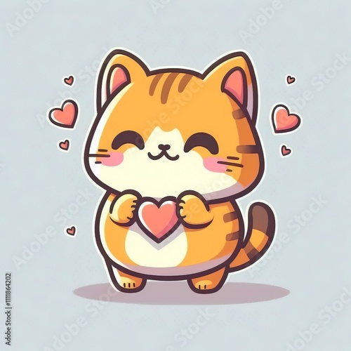 Obraz na płótnie Cute kawaii emote icon featuring a cat holding a heart, adorable digital artwork with pastel colors, ideal for mobile game design and stickers w salonie