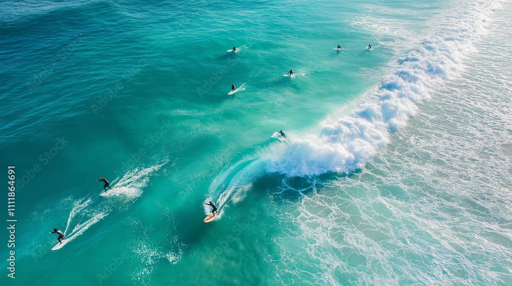 Fototapeta premium Surfers riding waves in turquoise ocean. Concept of adventure, sport, and vacation.