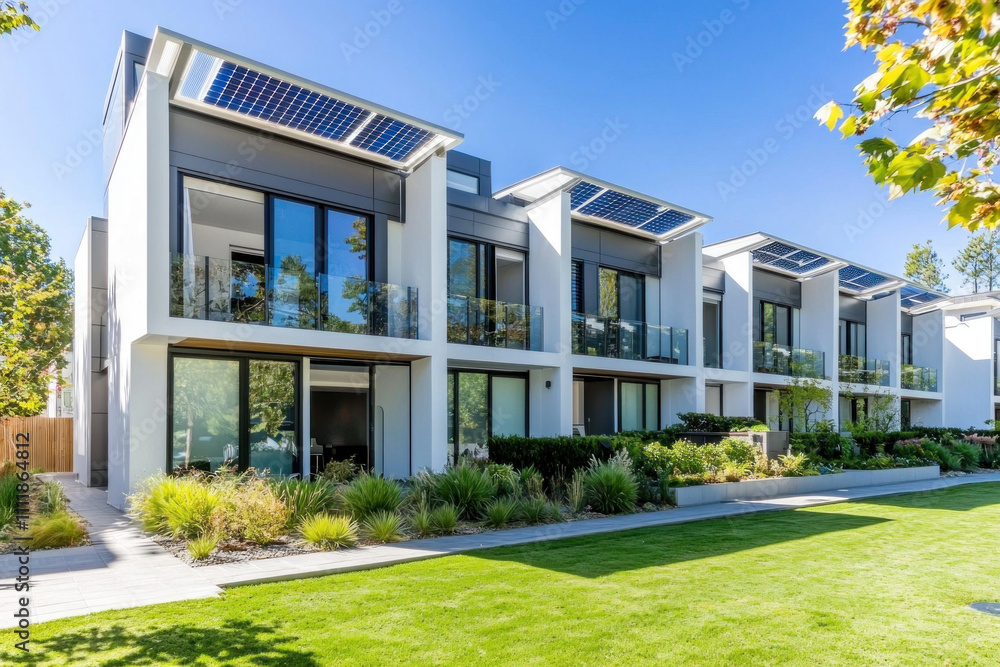 Modern townhouses with solar panels and landscaping. Modern townhouses with solar panels and landscaping.