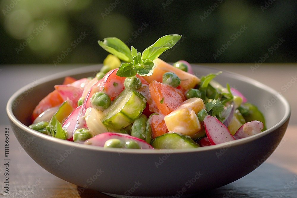 Fresh vegetable salad with herbs and vibrant colors in sunlight Fresh vegetable salad with herbs and vibrant colors in sunlight