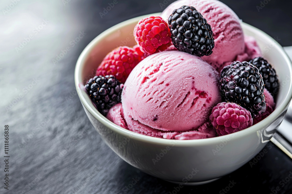 Pink ice cream with raspberries and blackberries in a bowl. Pink ice cream with raspberries and blackberries in a bowl.