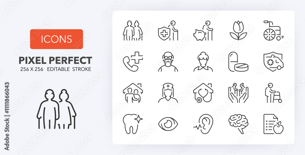 Fototapeta premium Line icons about elderly. Contains such icons as nursing home, insurances, medical assistance and more. Editable vector stroke. 256 Pixel Perfect scalable to 128px...