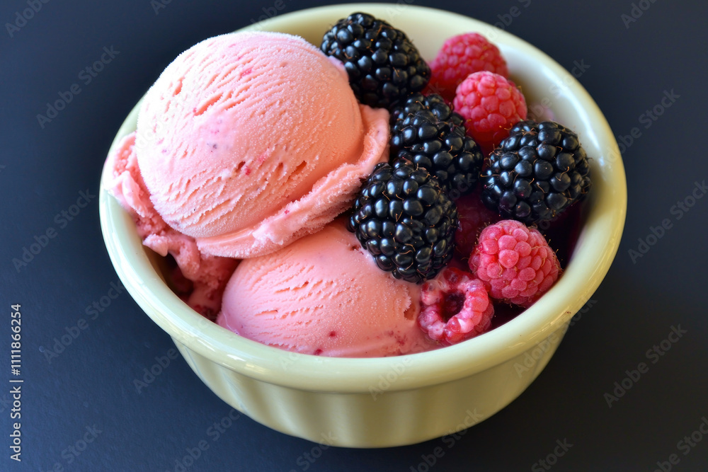Two scoops of pink ice cream with fresh raspberries and blackberries in a small bowl. Two scoops of pink ice cream with fresh raspberries and blackberries in a small bowl.